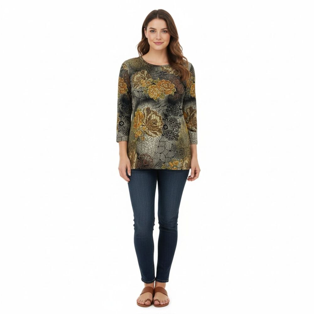 TanJay Floral Scoop Neck Top - Women's 3/4 Sleeve